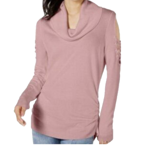 Hooked Up Sweater Womens Large Pink Rose Cold Shoulder Cowl Neck Laced Sleeves - Picture 1 of 11